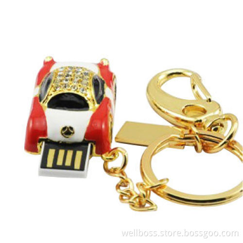 Promotional car-shaped jewelry USB flash drive with aluminum and diamond housing, with keychain
